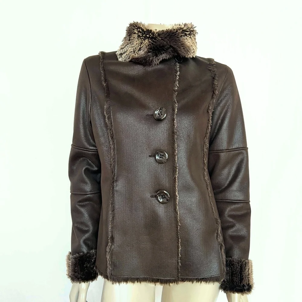 CHICO’s Brown Faux Fur Trimmed Women's Jacket - Picture 4 of 16